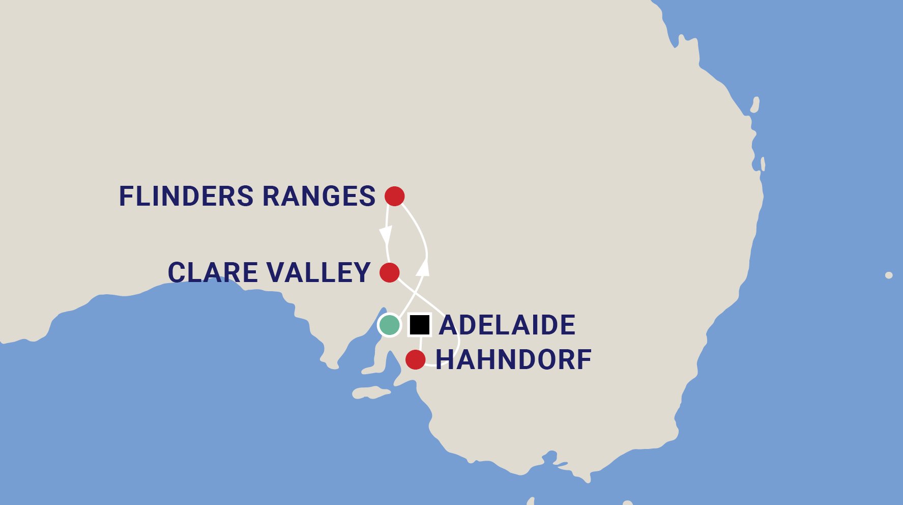 Flinders Ranges, Clare Valley
and Hahndorf with Annee Kelly Map